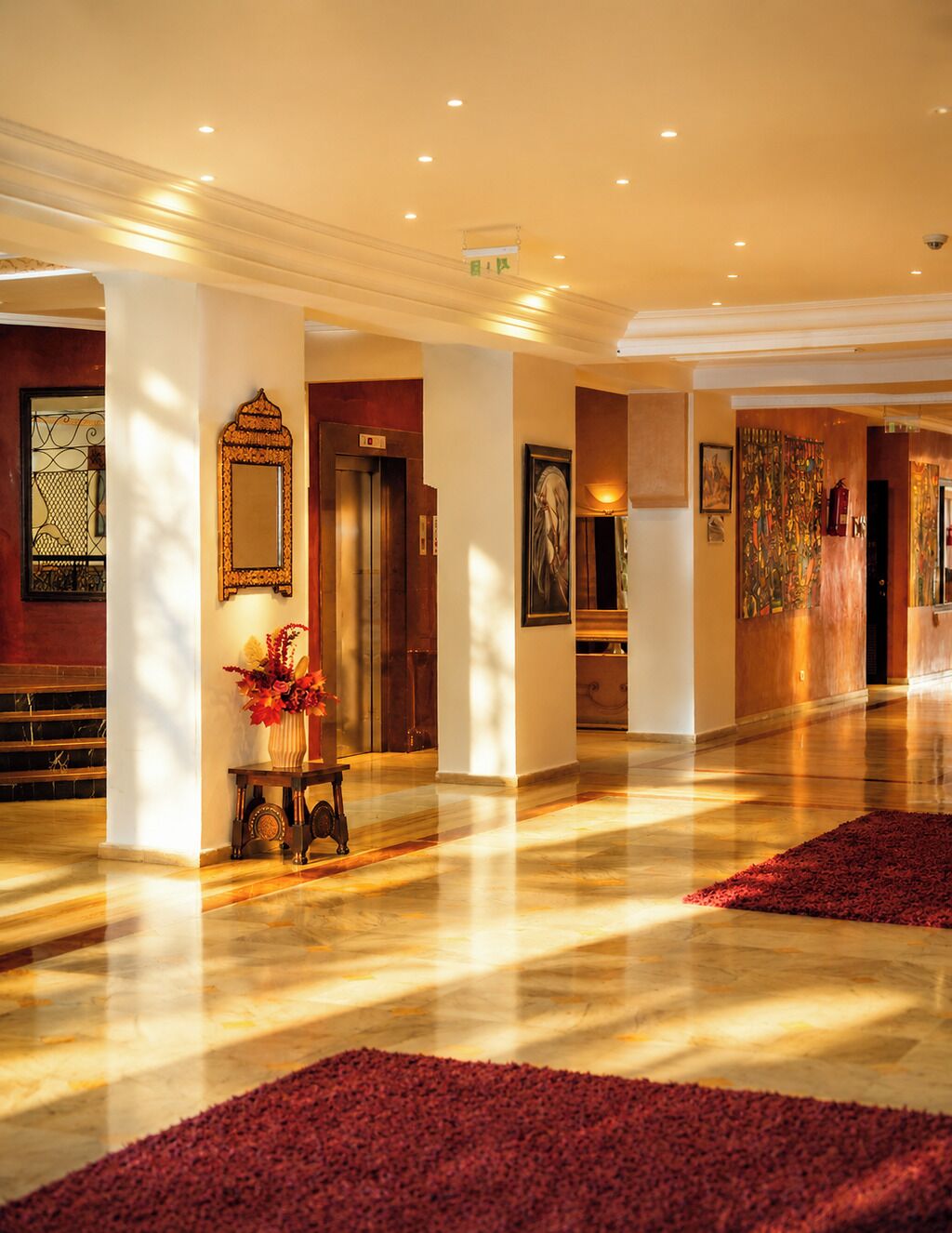 A hotel lobby with a marble floor, a reception desk, a large mirror, and a painting on the wall.