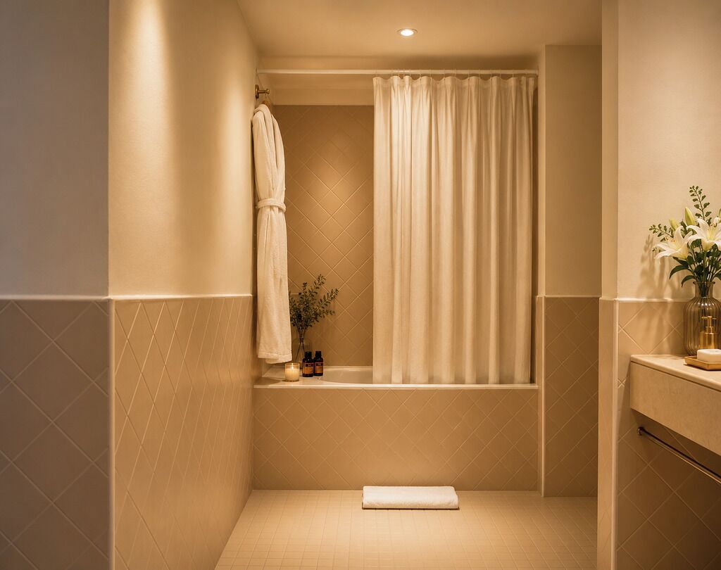 A bathroom with a bathtub, a towel, and a small plant.