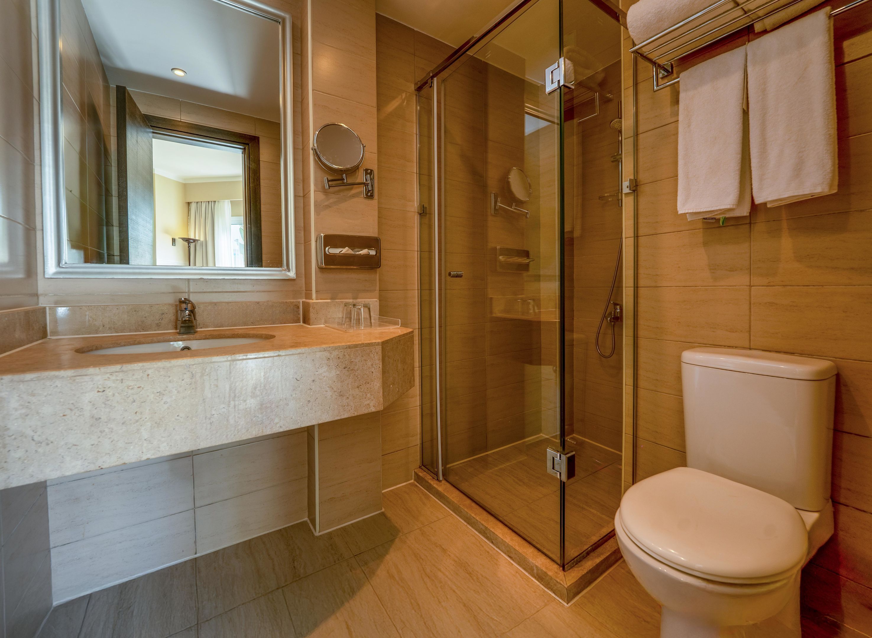 A bathroom with a glass-enclosed shower, a toilet, and a sink with a mirror.