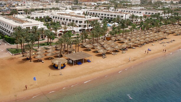 Vista aerea di un resort sulla spiaggia, con file di palme, ombrelloni e un grande complesso alberghiero.