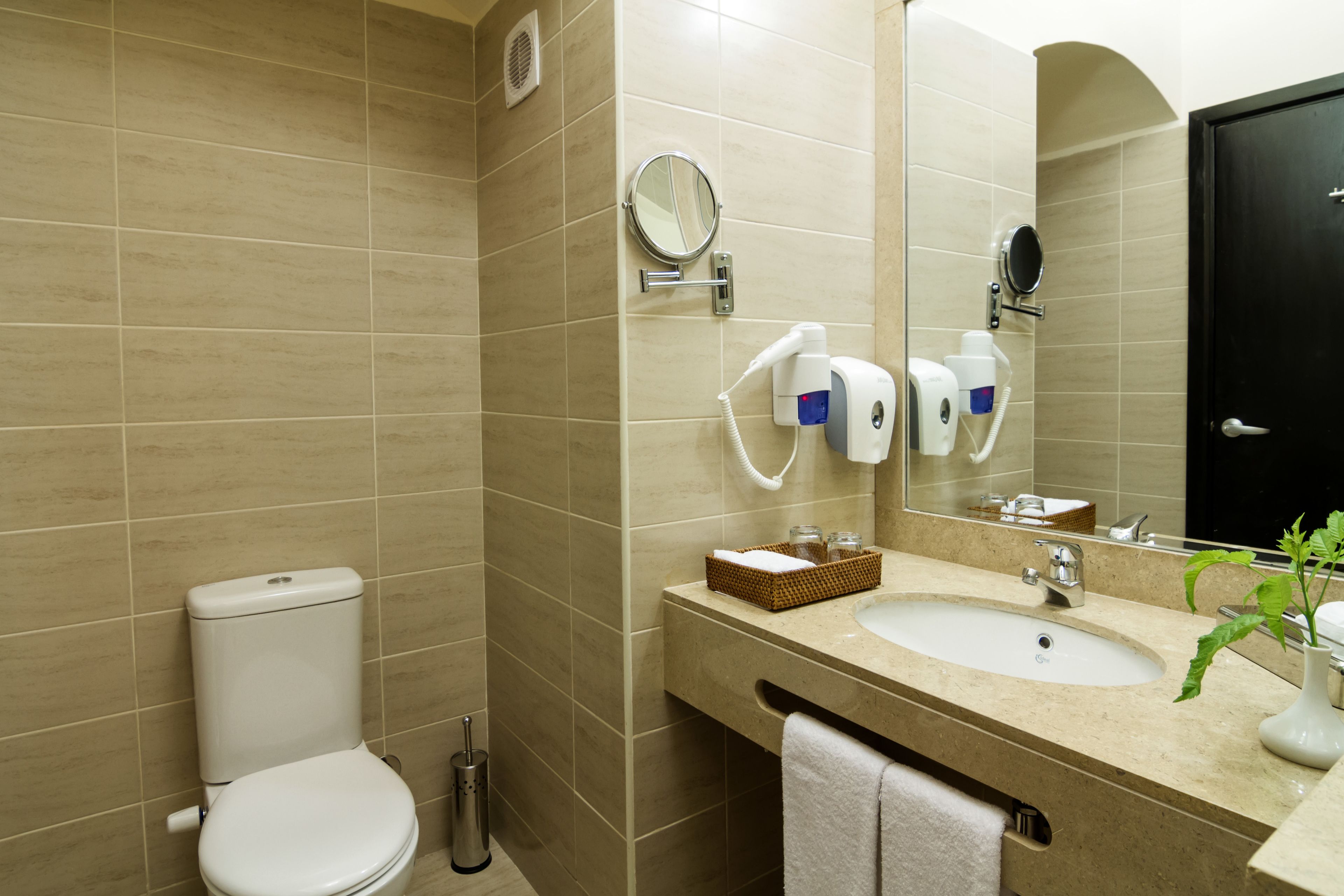 Un baño con inodoro, lavabo y espejo.
