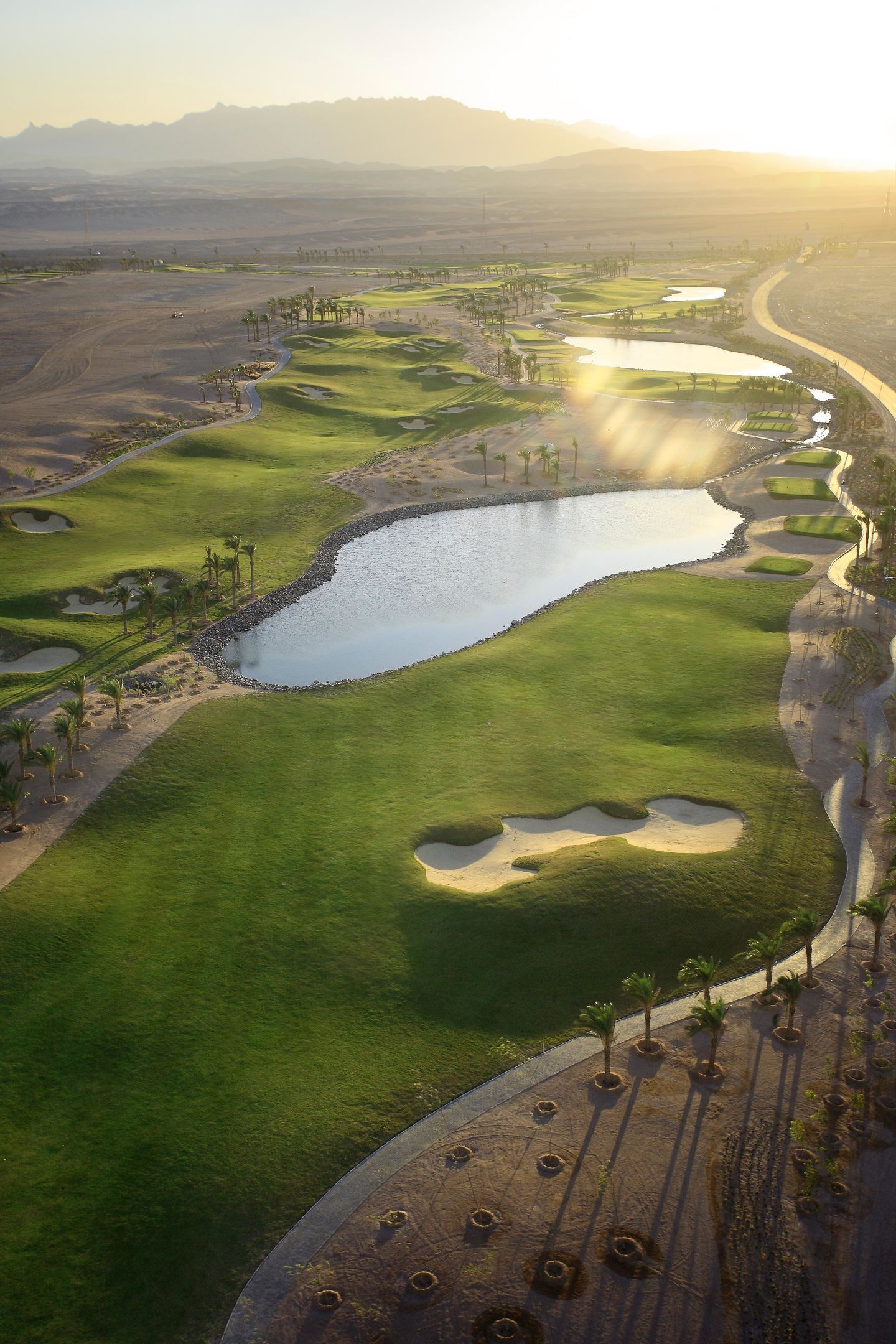 A golf course with sand bunkers, water hazards, and palm trees.