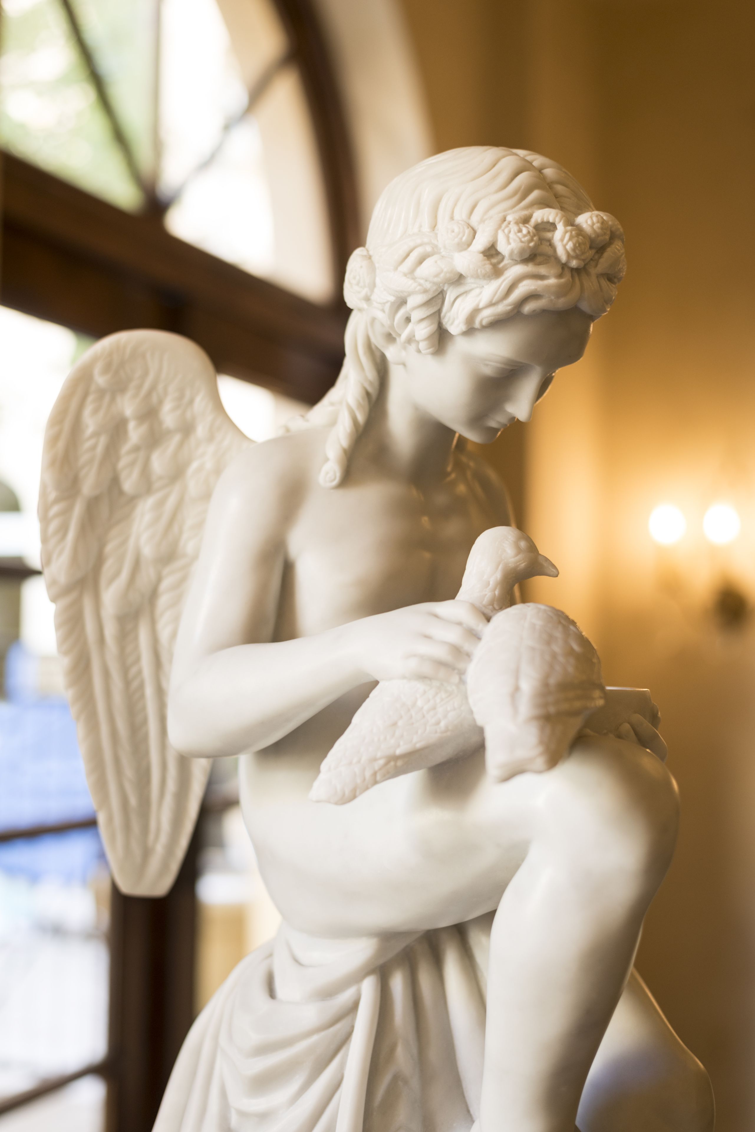 A statue of an angel holding a dove, set against a window with natural light.
