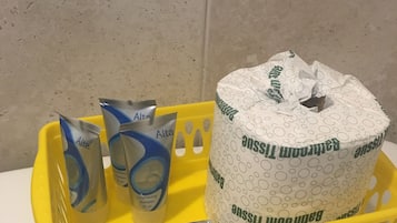 Badewanne, kostenlose Toilettenartikel, Haartrockner, Handtücher