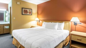 A hotel room with a large bed, wooden headboard, two bedside lamps, a nightstand, a framed picture on the wall, and a window with curtains.