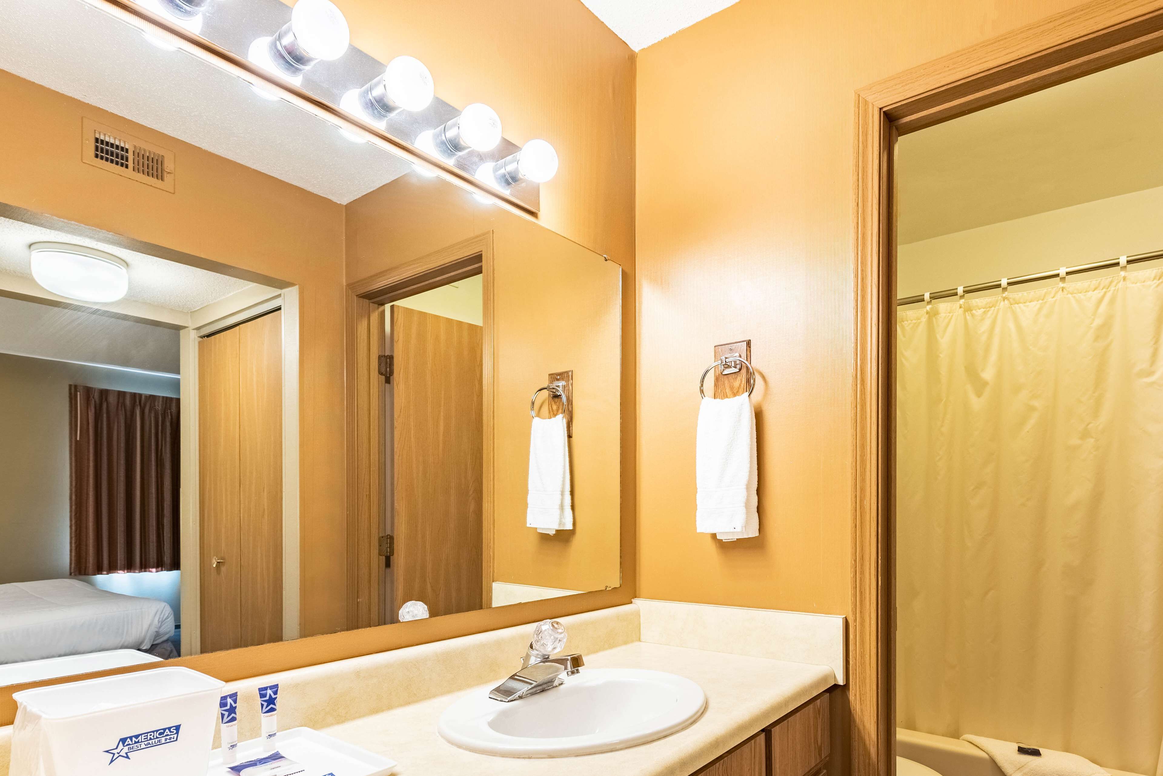 A hotel bathroom with a sink, mirror, and shower curtain.
