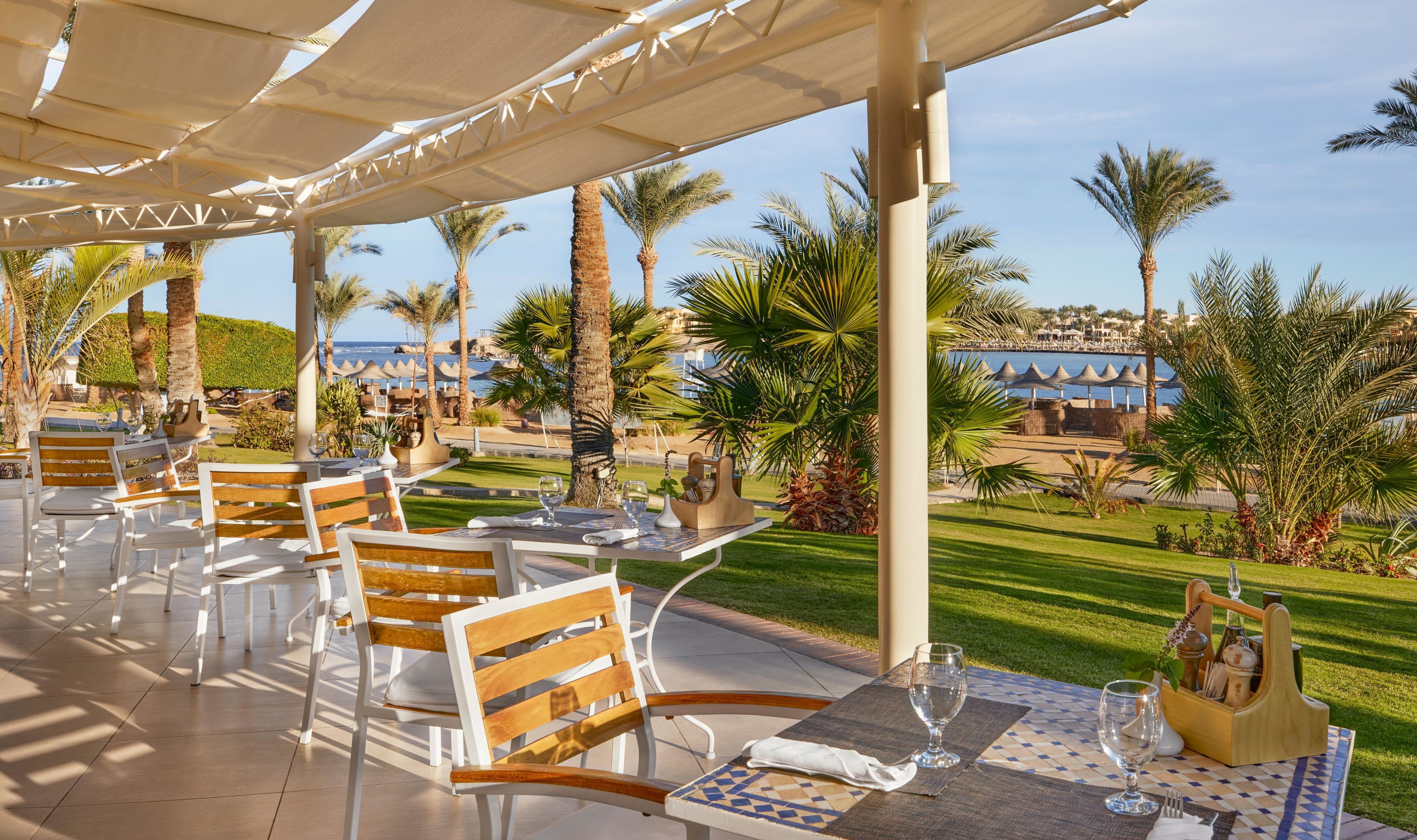 An outdoor dining area with tables and chairs, palm trees, and a view of the sea and buildings.