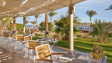 An outdoor dining area with tables and chairs, palm trees, and a view of the sea and buildings.