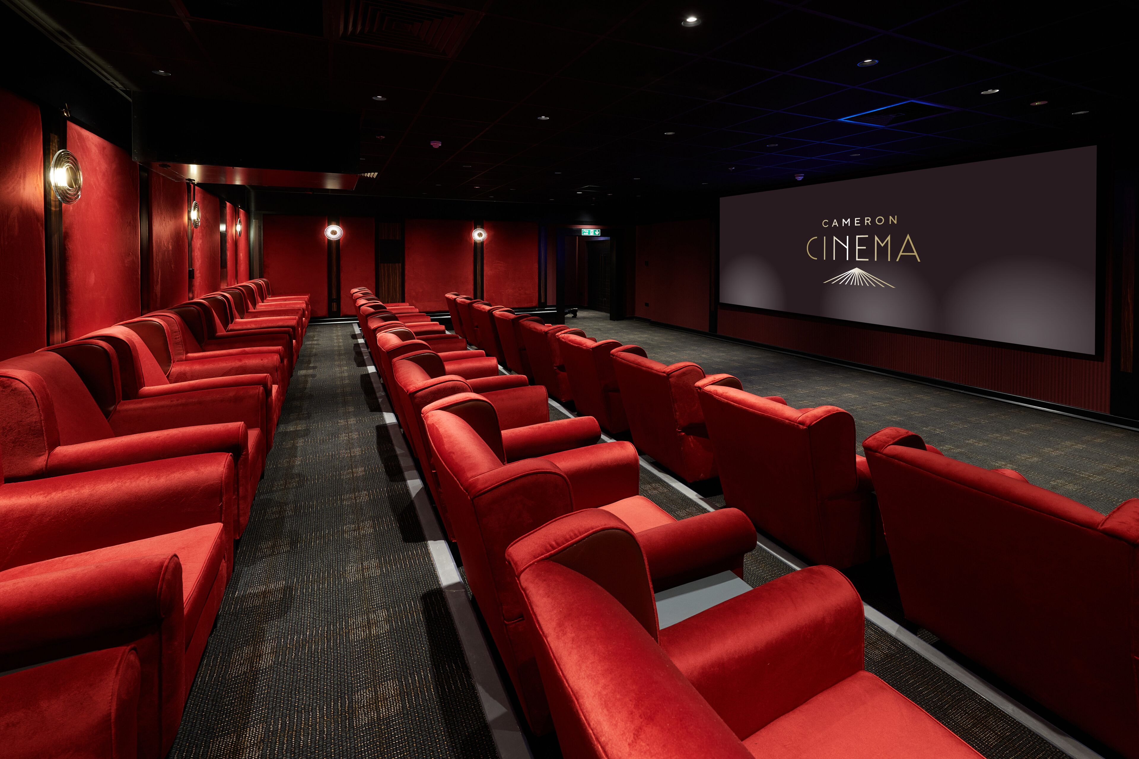 A cinema with red seating arranged in rows facing a screen displaying "Cameron Cinema".