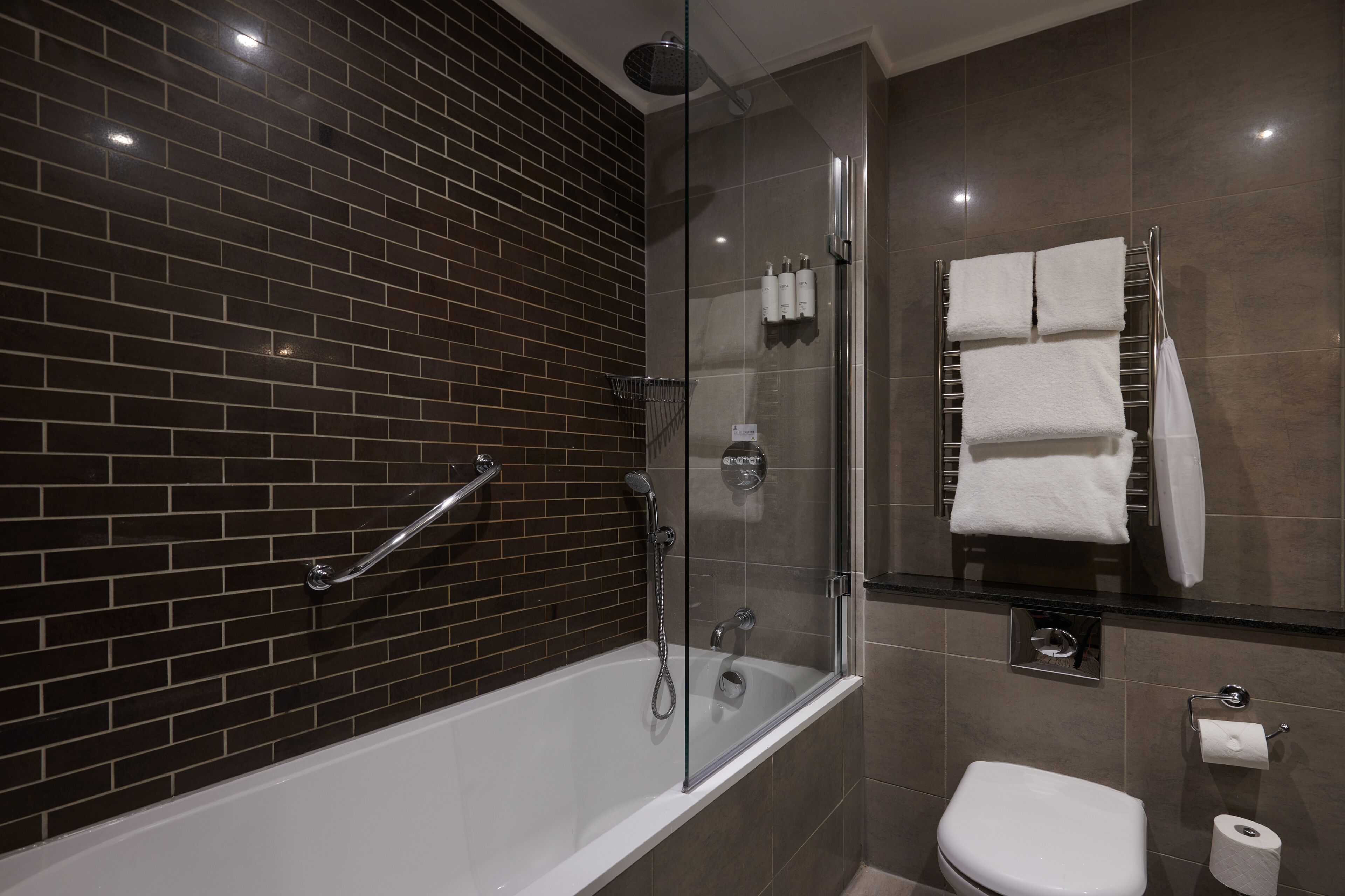 A modern bathroom with a glass-enclosed shower, a white bathtub, and a toilet.
