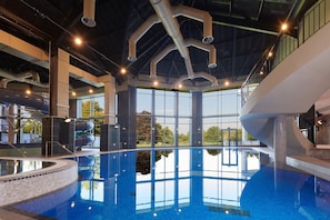 Indoor pool, outdoor pool, pool loungers