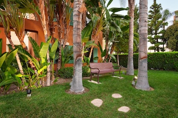 A hotel entrance with a covered walkway, palm trees, and a clear sky. at Cortona Inn & Suites Anaheim Resort