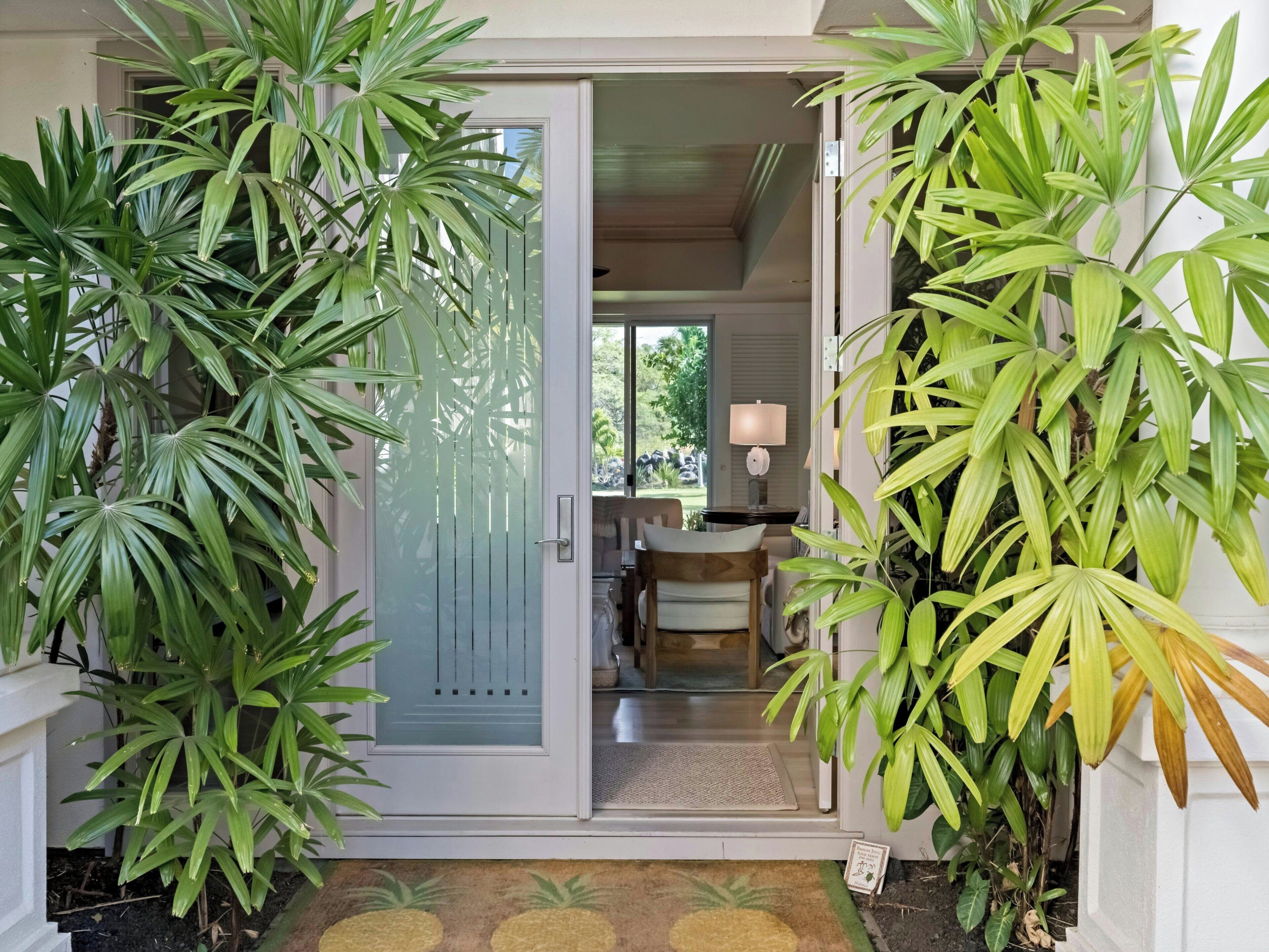 A doorway with a frosted glass door, a small indoor seating area with a table and chairs, and a tropical plant on the left.