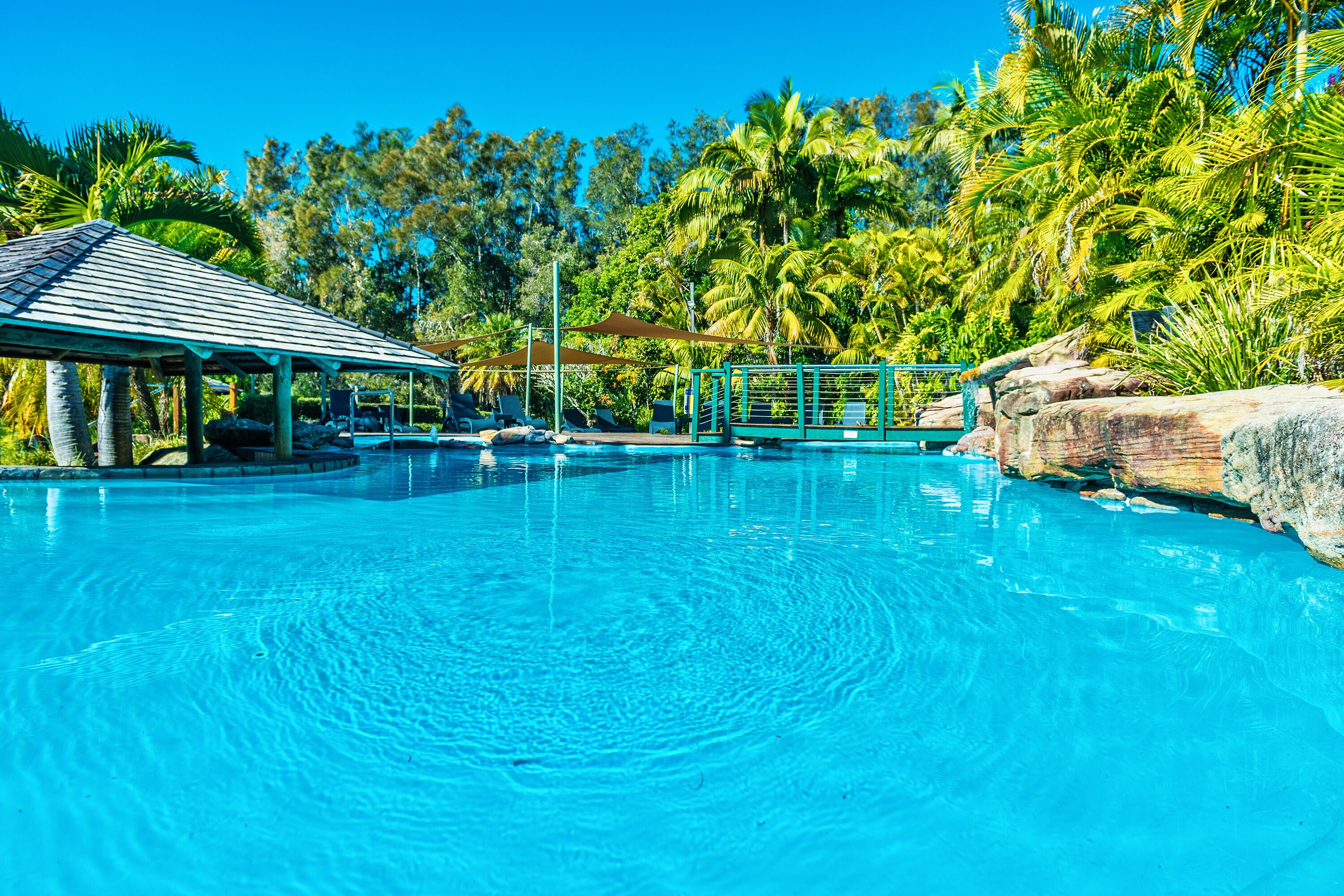 Une piscine d’eau cristalline, entourée de palmiers, et un espace salon abrité.