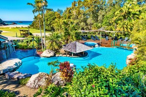 2 outdoor pools, pool umbrellas, pool loungers
