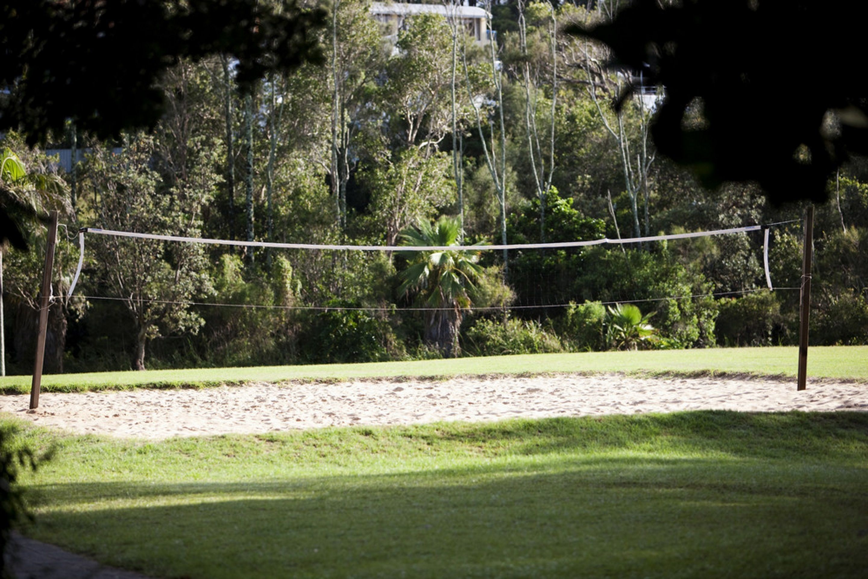 A volleyball net in a grassy area with trees and a building in the background.