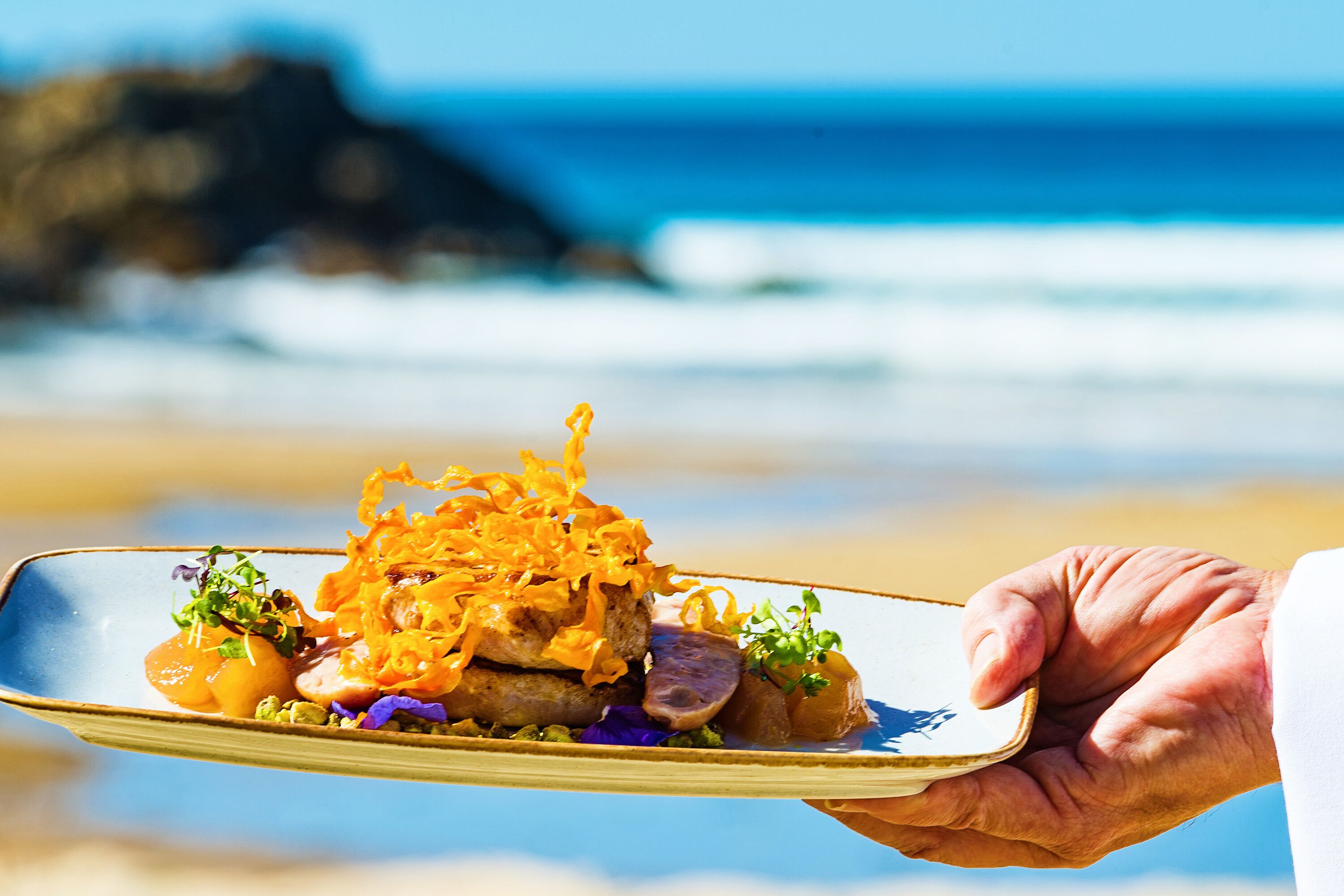 A hand holding a plate with food, set against a beach and ocean backdrop.
