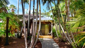 A wooden structure with a covered porch, surrounded by tall palm trees and a paved walkway. - BreakFree Aanuka Beach Resort (Coffs Harbour)