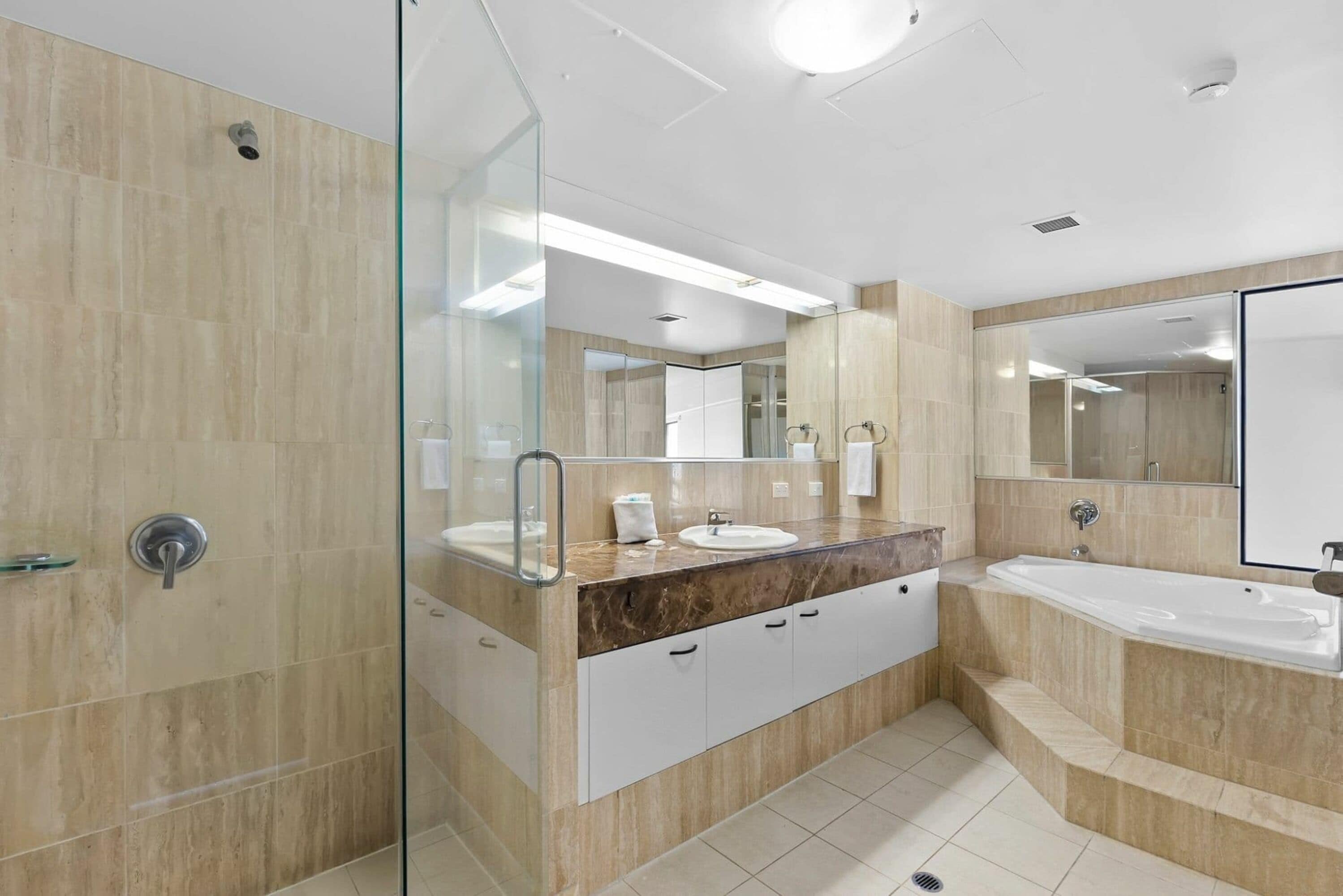 2 bedroom ocean view penthouse | bathroom | separate bathtub and shower, hair dryer, towels