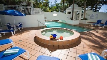 Indoor pool, outdoor pool, sun loungers