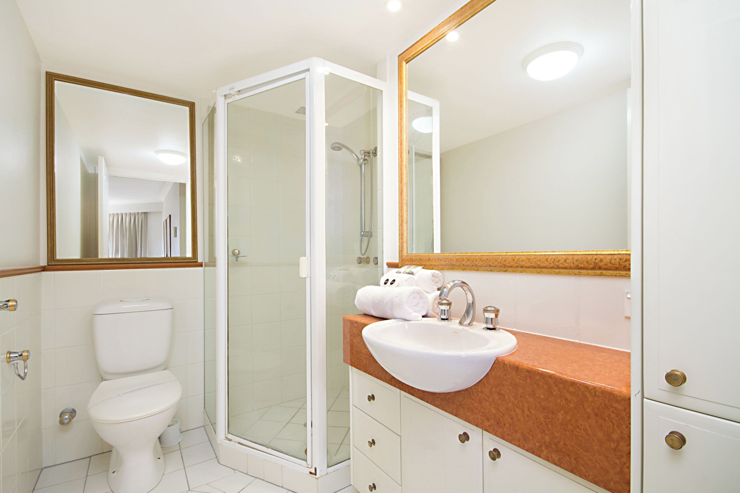 A modern bathroom with a white toilet, a glass-enclosed shower, a white sink with a brown countertop, and a large mirror with a gold frame.