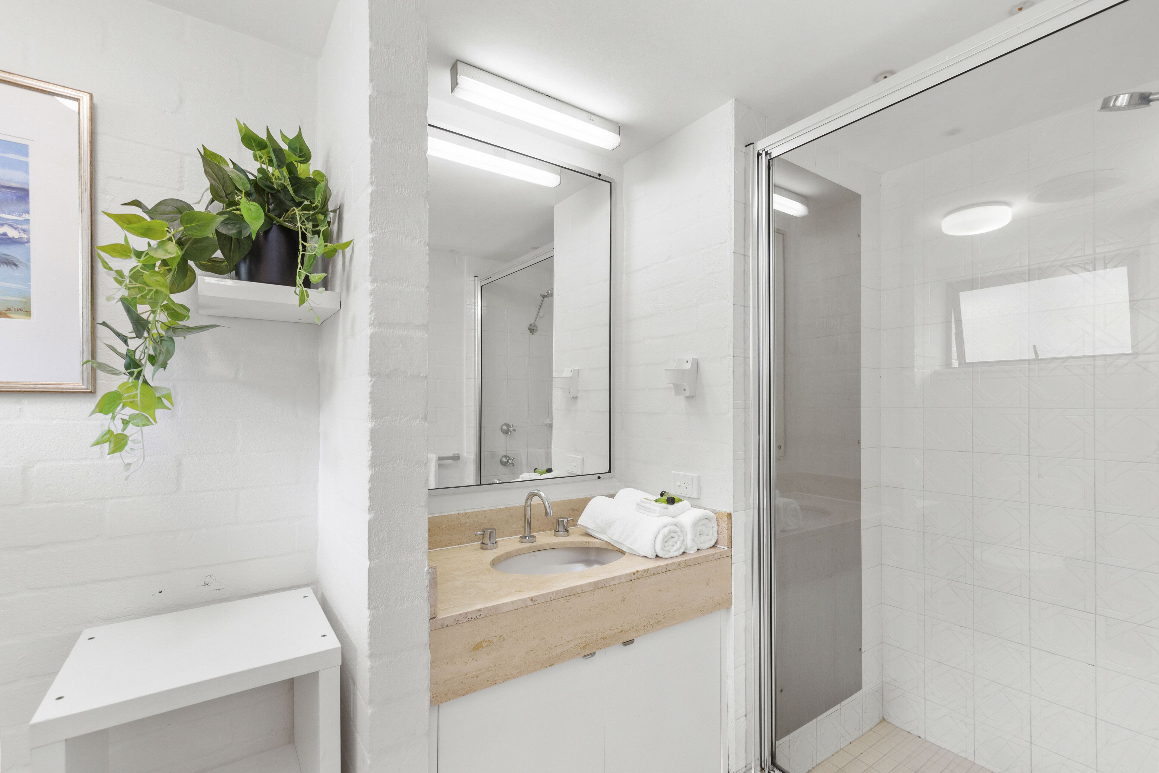 standard two bedroom apartment	 | bathroom | shower, hair dryer, towels