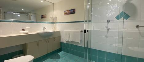 A bathroom with a glass-enclosed shower, a sink with a mirror above it, and a toilet.