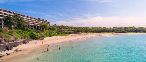 Beach nearby, white sand, sun loungers, beach umbrellas