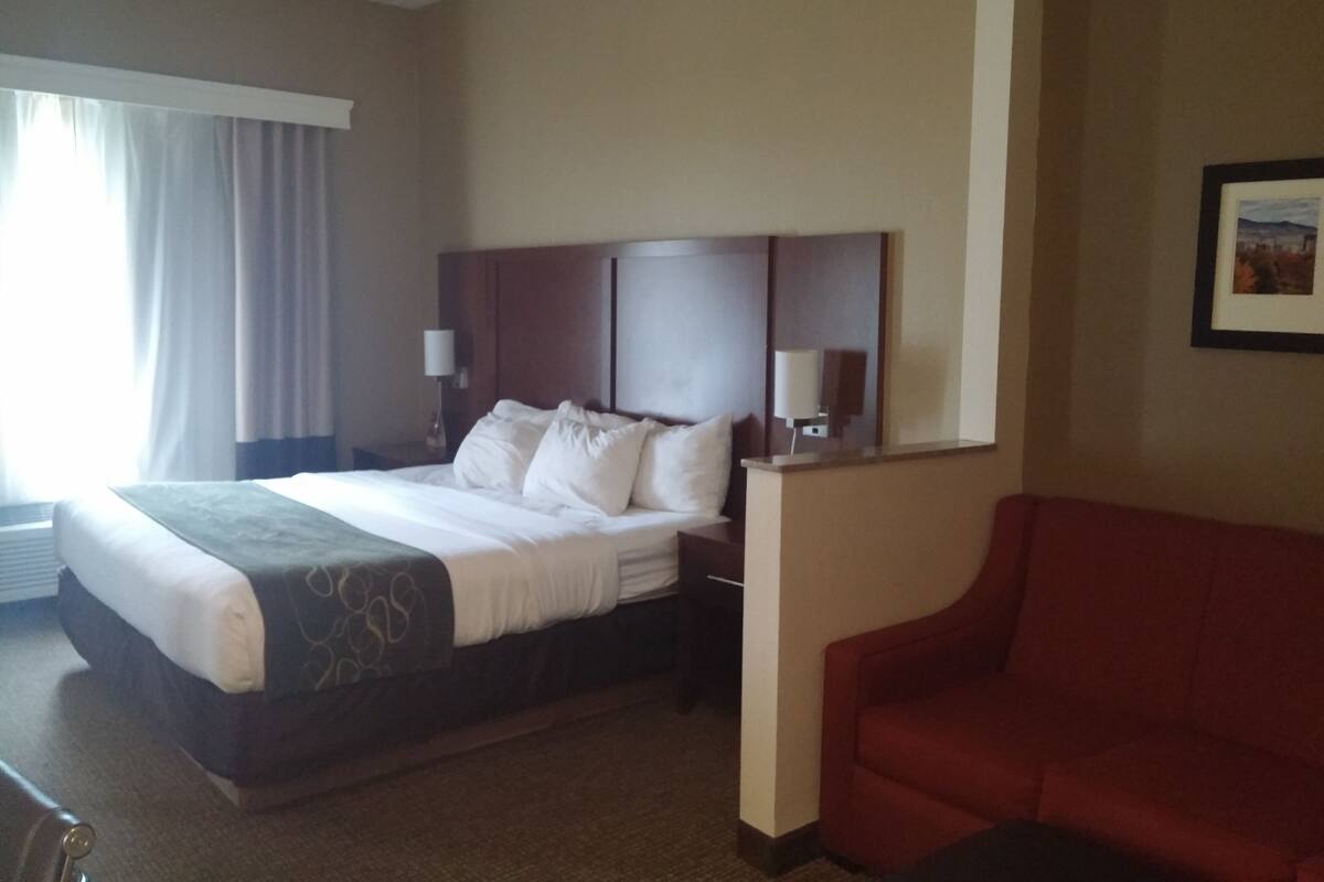 A hotel room with a large bed, a nightstand, a red armchair, and a framed picture on the wall.