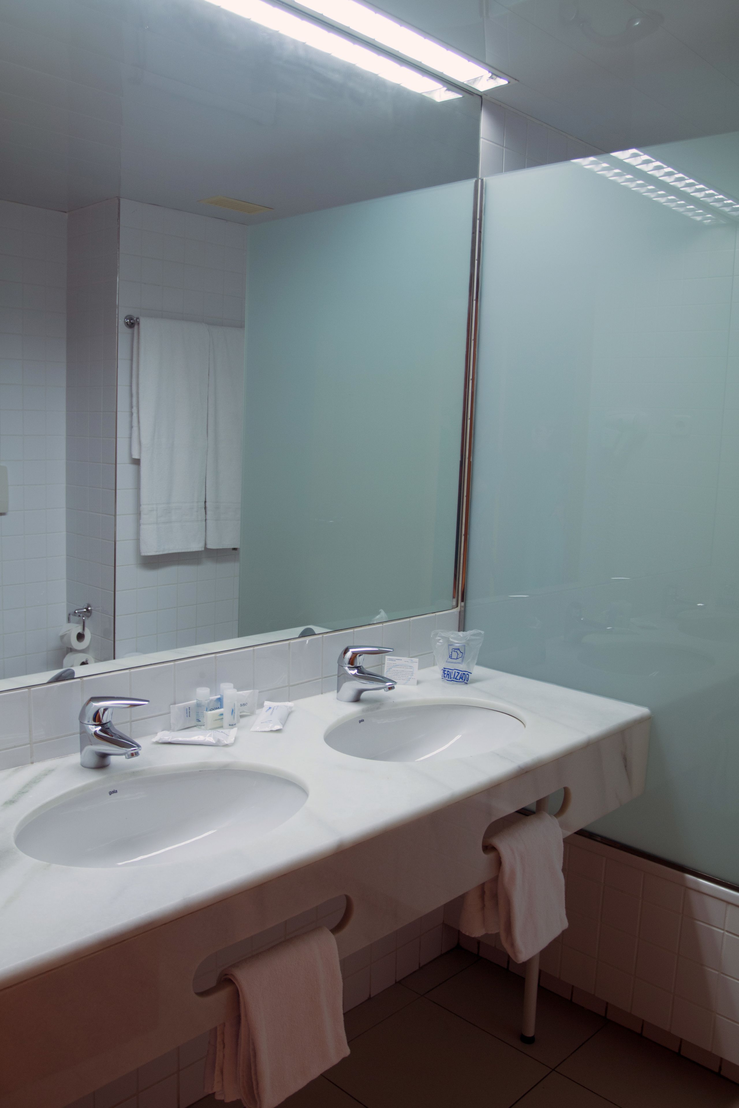 A bathroom with two sinks, a mirror, and a towel rack.