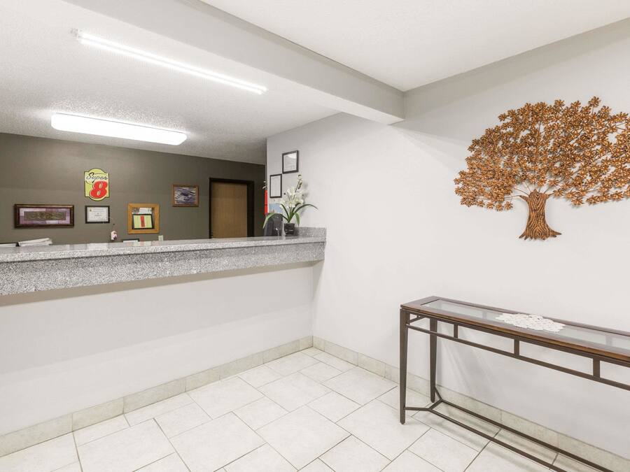 A reception area with a counter, framed certificates, a wall-mounted tree decoration, and a staircase with a glass railing.