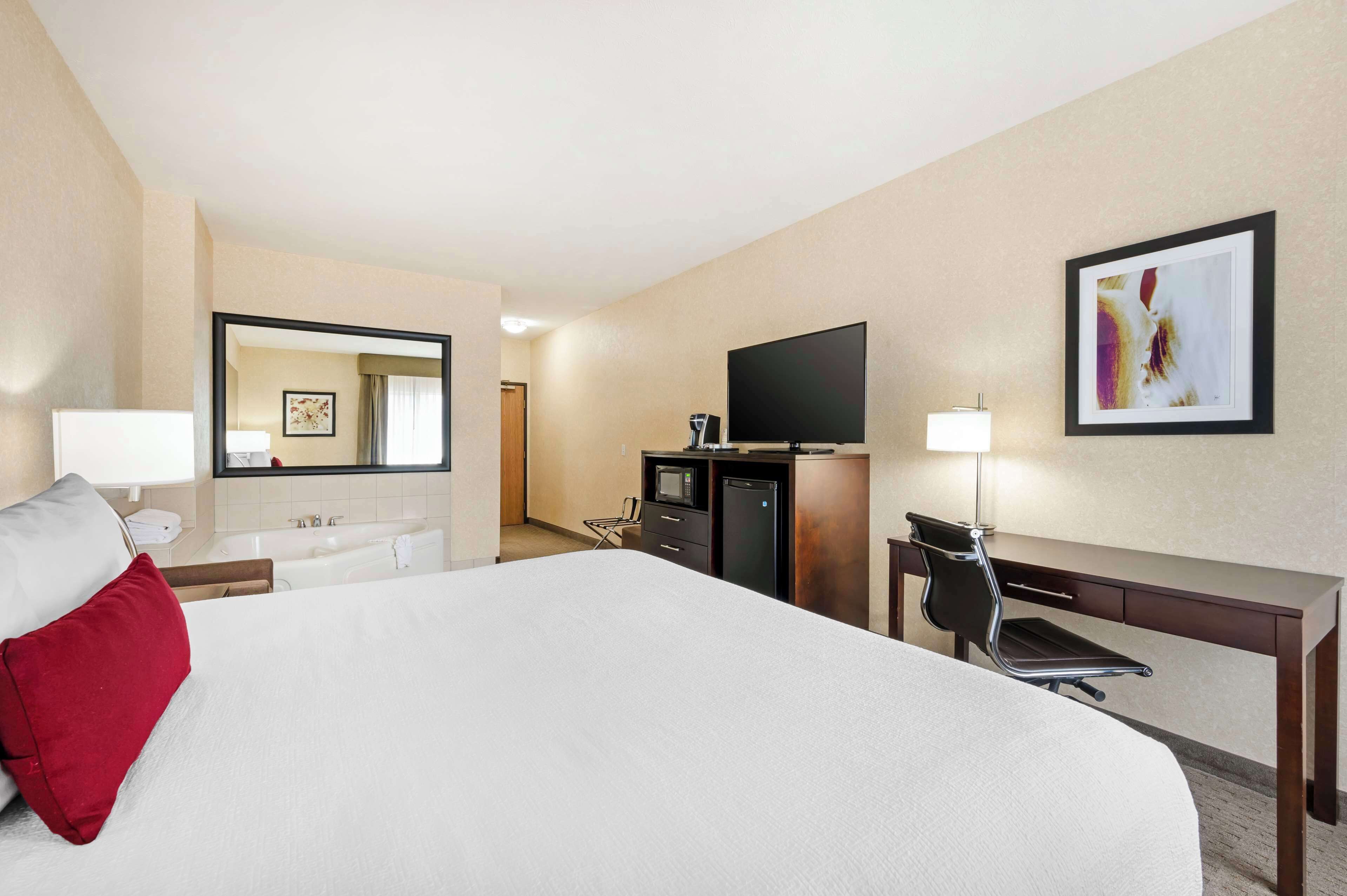 Quarto de hotel com uma cama grande, uma escrivaninha, televisão de tela plana, luminária de mesa, espelho e um quadro na parede.