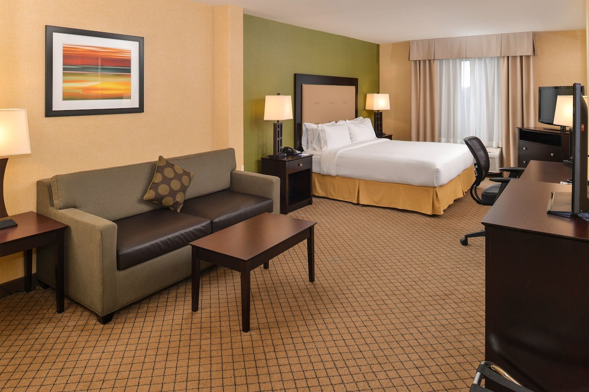 A hotel room with a bed, a sofa, a desk, a chair, and a TV.