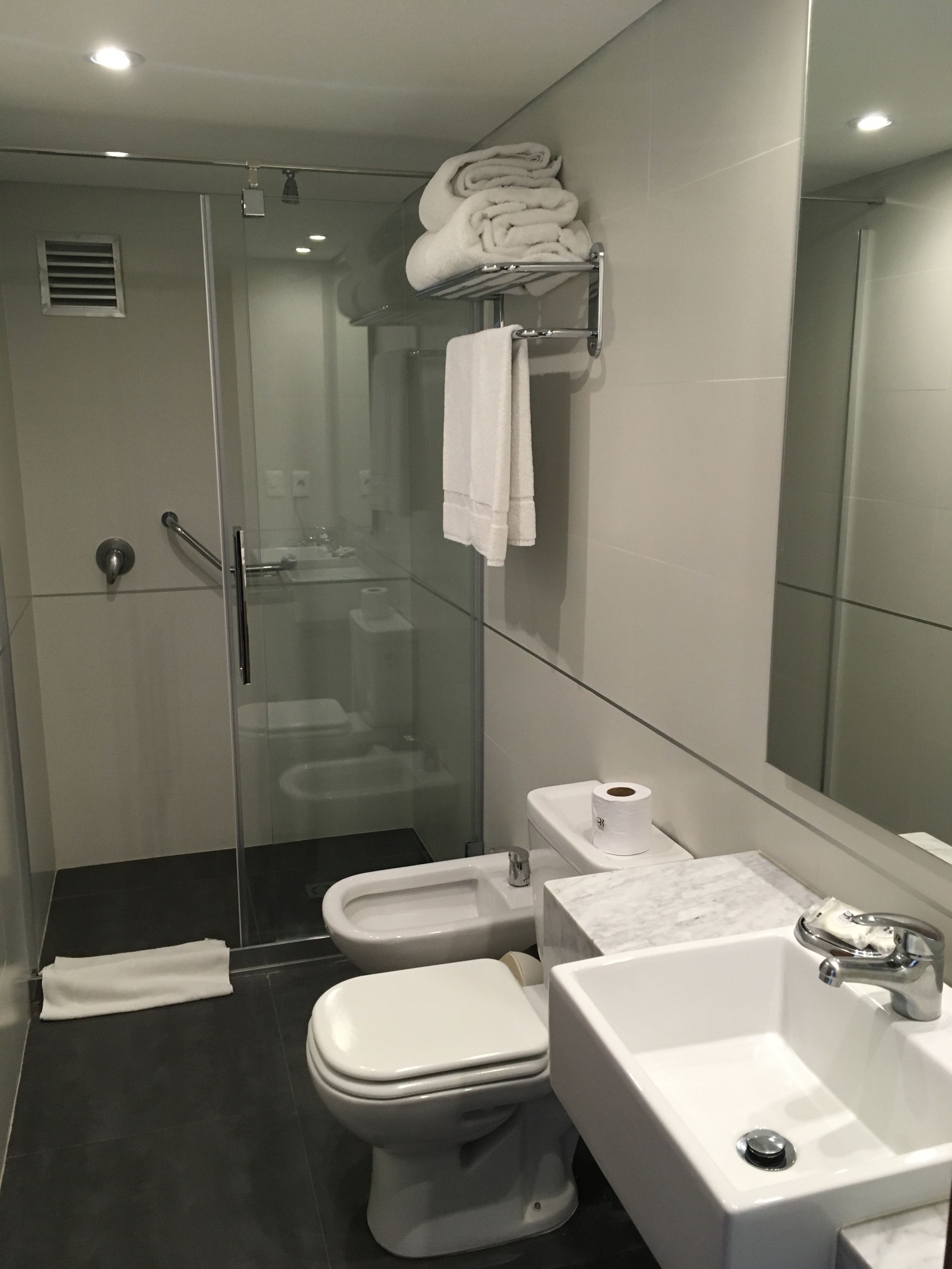 Et moderne badeværelse med en glasafskærmet brusekabine, toilet og et spejl over vasken.