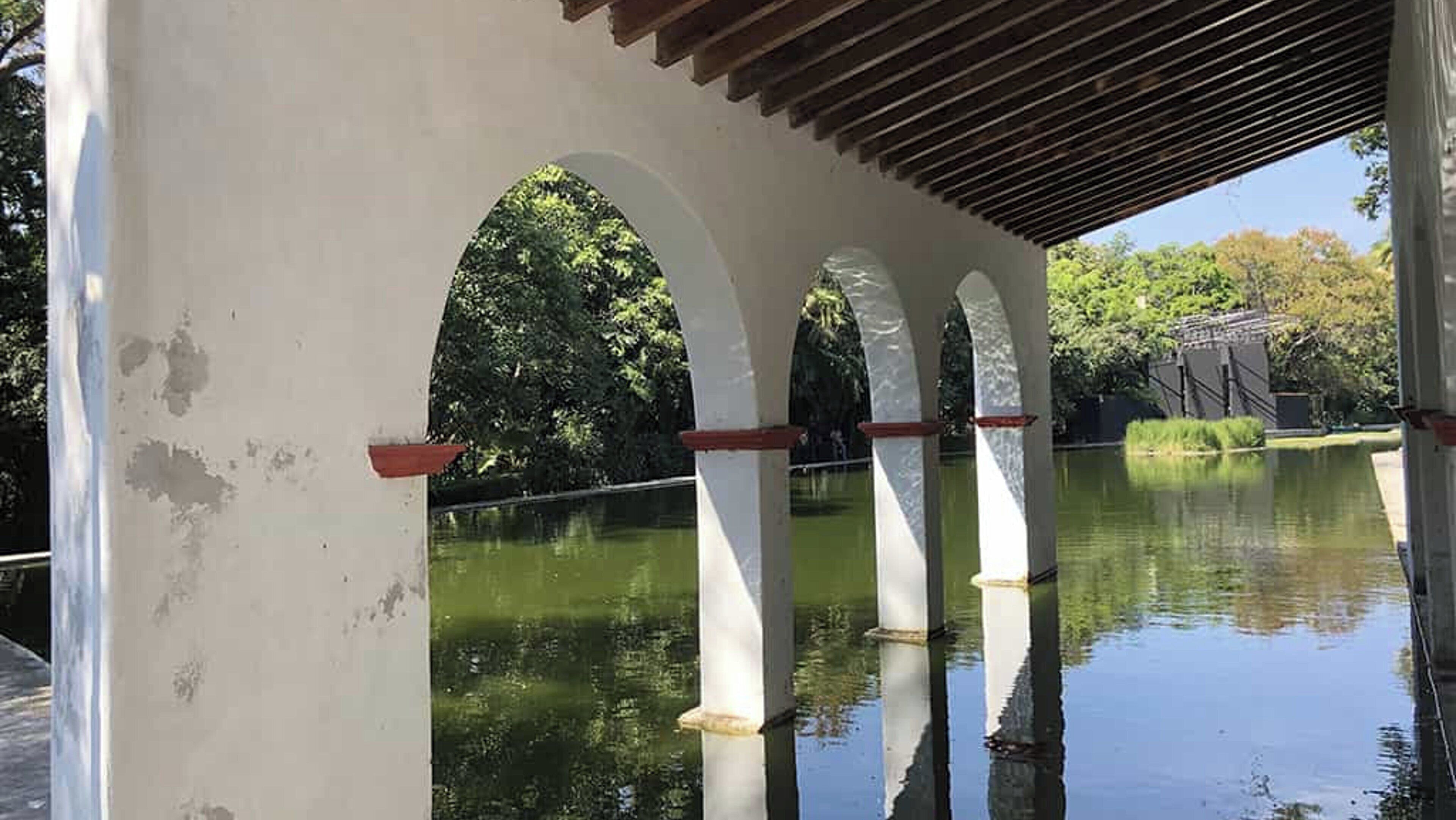 Un paseo techado con arcos que cruza un cuerpo de agua, rodeado de follaje.