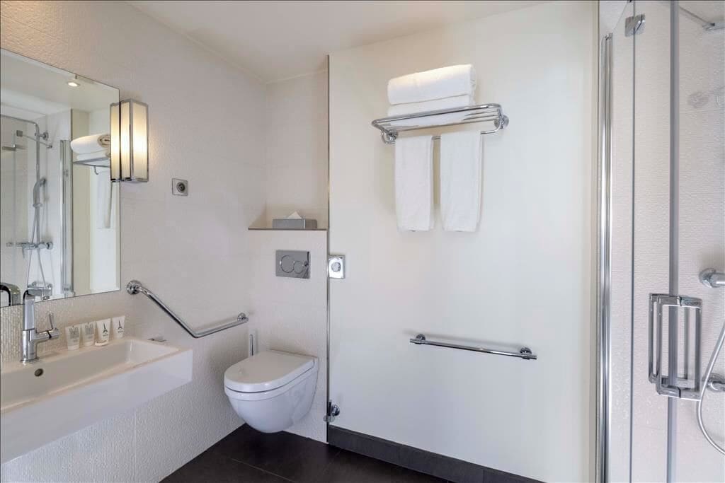 standard double room, mobility accessible | bathroom | shower, free toiletries, hair dryer, towels