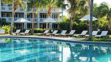 Outdoor pool, pool umbrellas, pool loungers