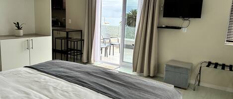 Una habitación de hotel con cama, televisión, escritorio y vistas al exterior.
