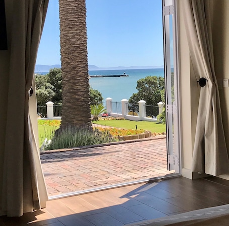 A room with a view of a body of water, a palm tree, and a paved area with plants.