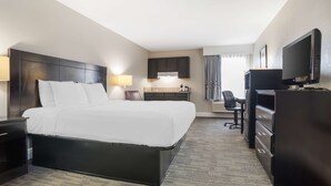 Une chambre d’hôtel avec un grand lit, un bureau avec une chaise, une télévision et un coin cuisine.