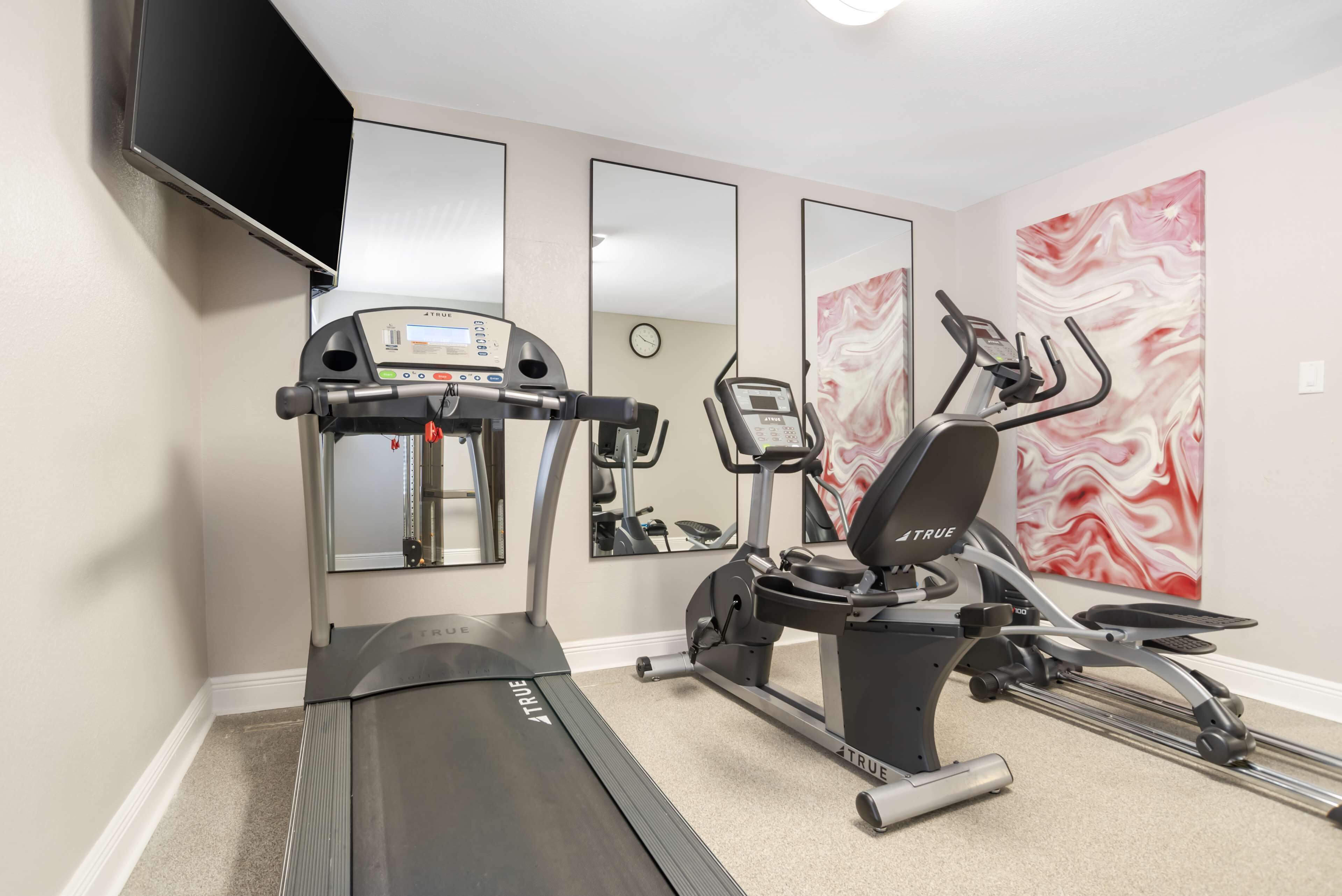 A home gym with a treadmill, elliptical, and stationary bike.