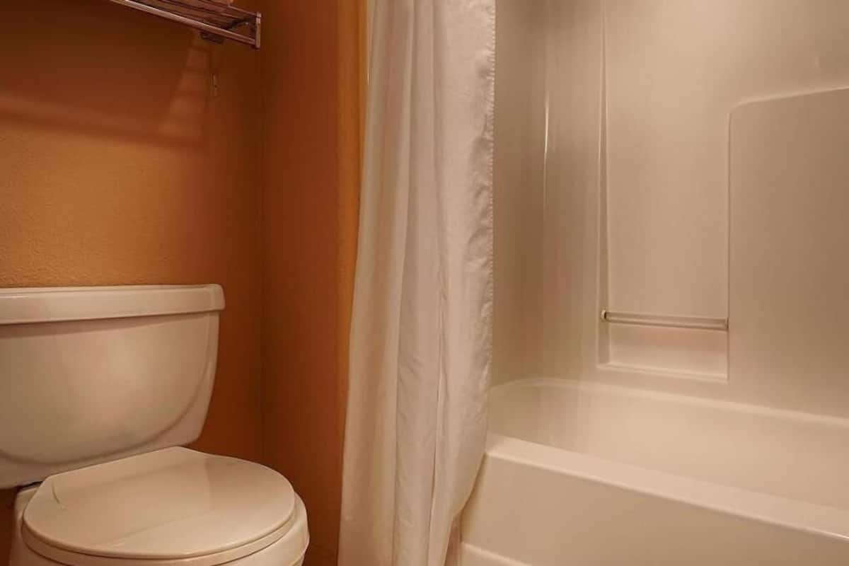 A bathroom with a toilet, a shower curtain, and a bathtub.