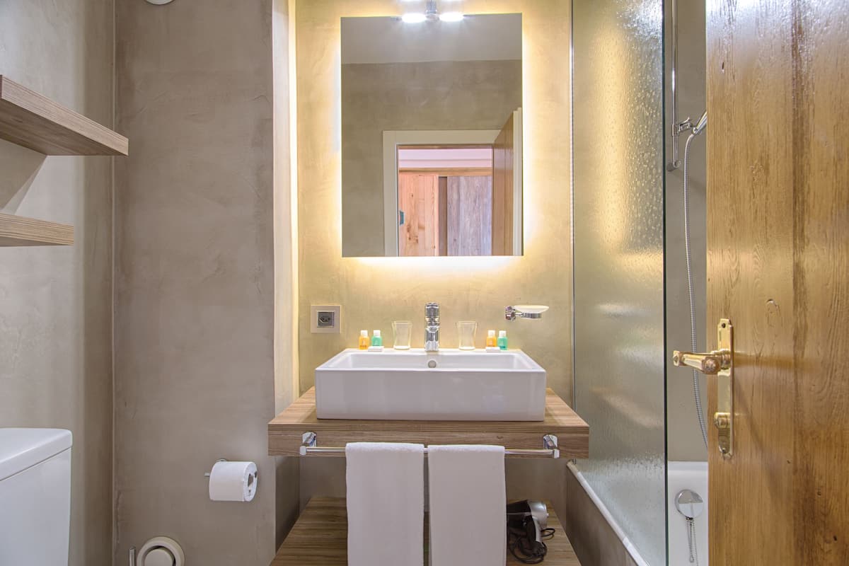 combined shower/bathtub, hair dryer, towels