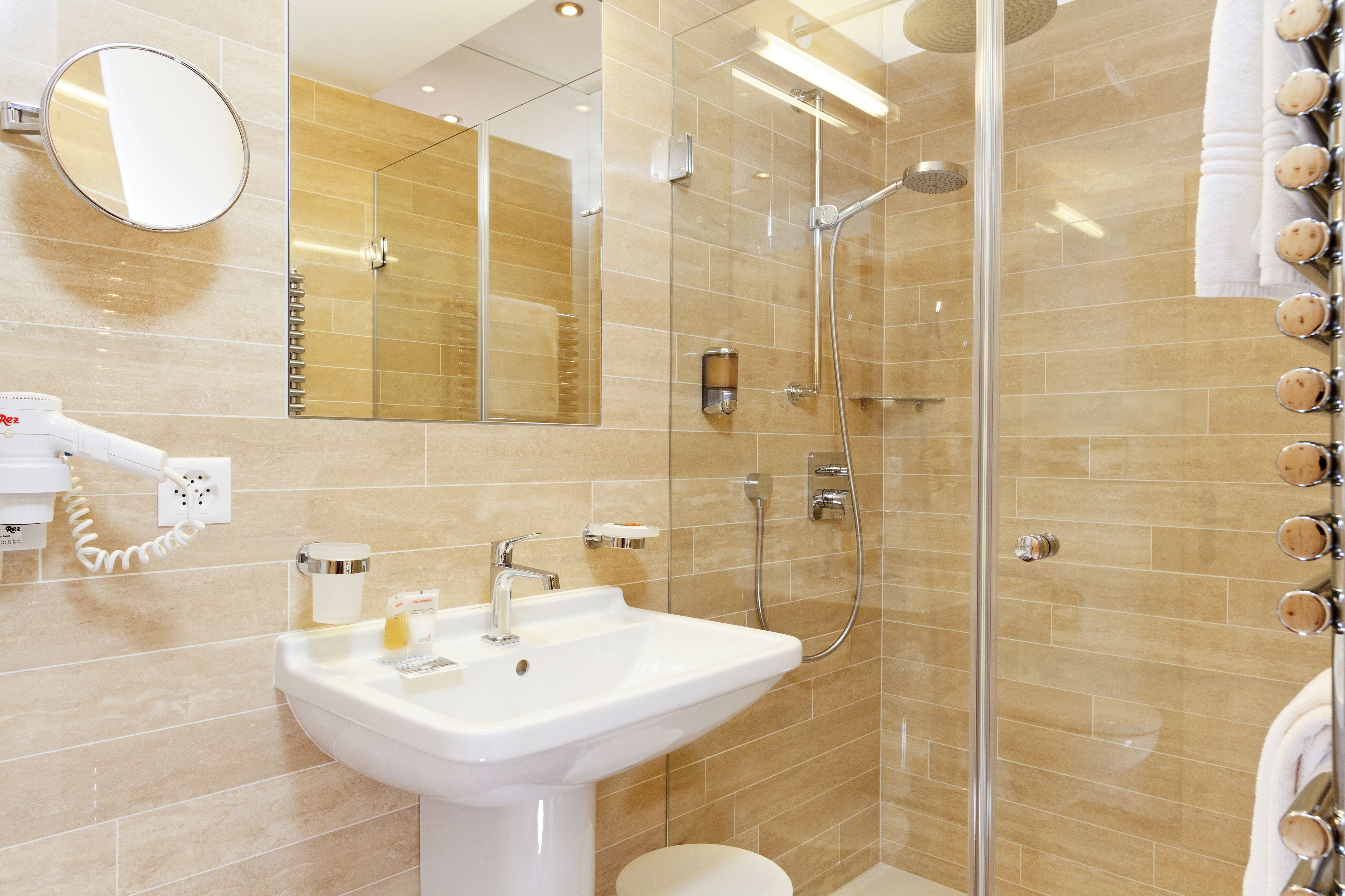 free toiletries, hair dryer, bathrobes, towels