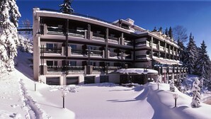 A multi-story hotel with balconies, surrounded by snow-covered trees and mountains. - Hôtel Résidence de la Forêt (Crans-Montana)