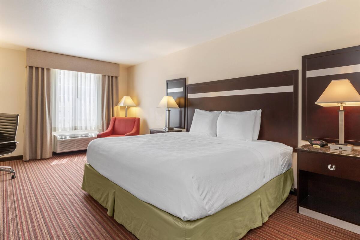 Une chambre d’hôtel avec un grand lit, un bureau, une chaise et une fenêtre avec des rideaux.