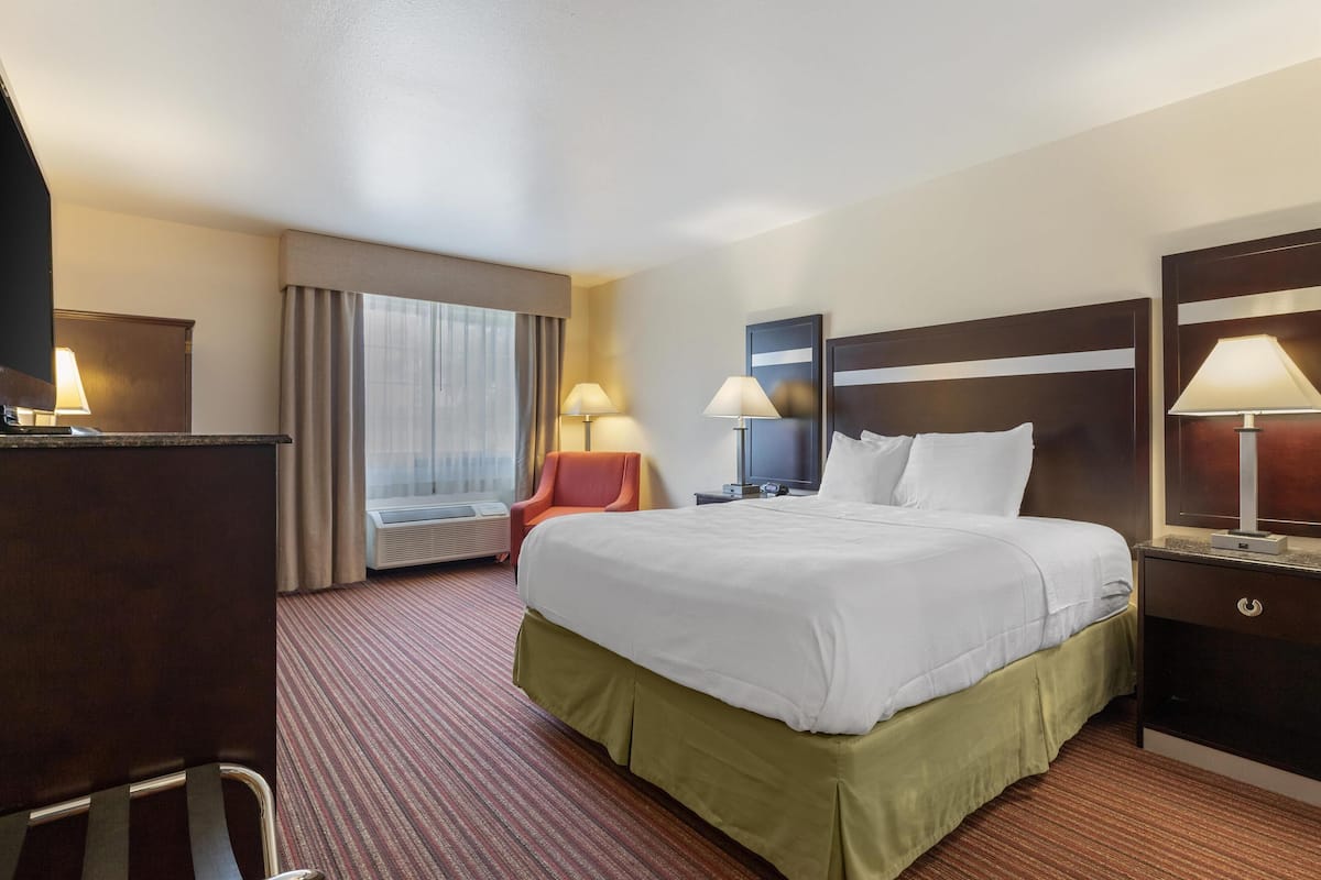 Une chambre d’hôtel avec un grand lit, un bureau, une chaise, une fenêtre avec des rideaux et deux lampes de chevet.