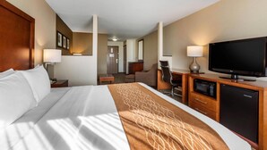 A hotel room with a bed, a desk, a TV, a microwave, and a refrigerator.