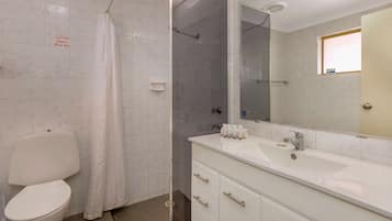 A bathroom with a toilet, shower, sink, and mirror.