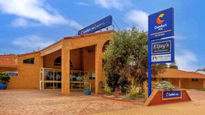 A Comfort Inn Bay of Isles hotel with a brick facade, glass entrance, and signage for Eljay's Bar & Restaurant and Woody Island Eco Tours. - Comfort Inn Bay Of Isles (Esperance)